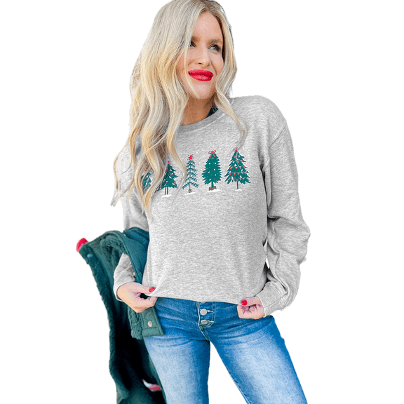 Cozy and Stylish Gray Holiday Sweatshirt with Christmas Tree Design | [ZhiHiMeRi] | (US 16-18)XL