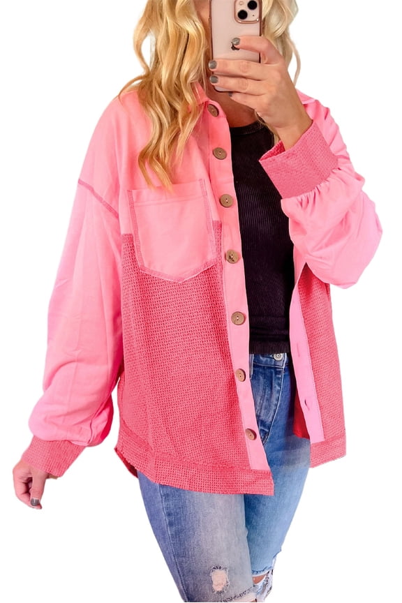 Cozy and Stylish Long Sleeve Shacket with Colorblock Design - Peach Blossom - [ZhiHiMeRi] | (US 16-18)XL