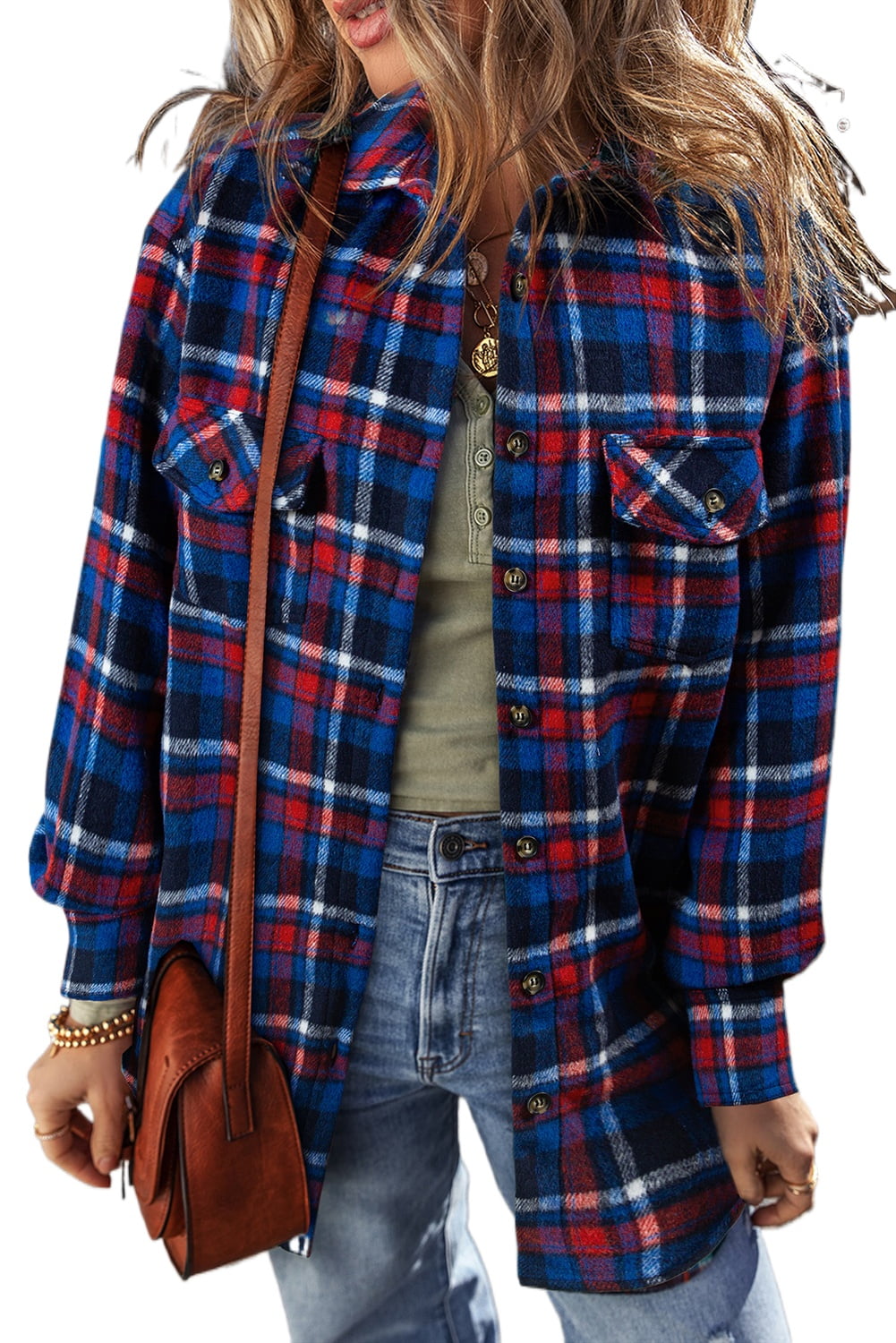 Cozy and Stylish Plaid Shacket - Navy Blue with Button-Up Design ...