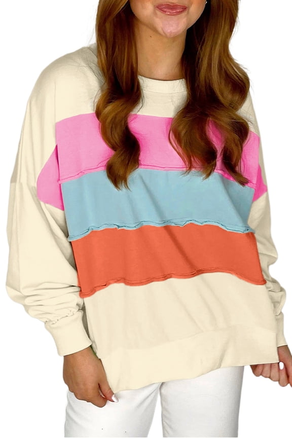 Cozy and Stylish Sweatshirt for Daily Wear - White Colorblock Patchwork with Crewneck - [ZhiHiMeRi] | (US 4-6)S