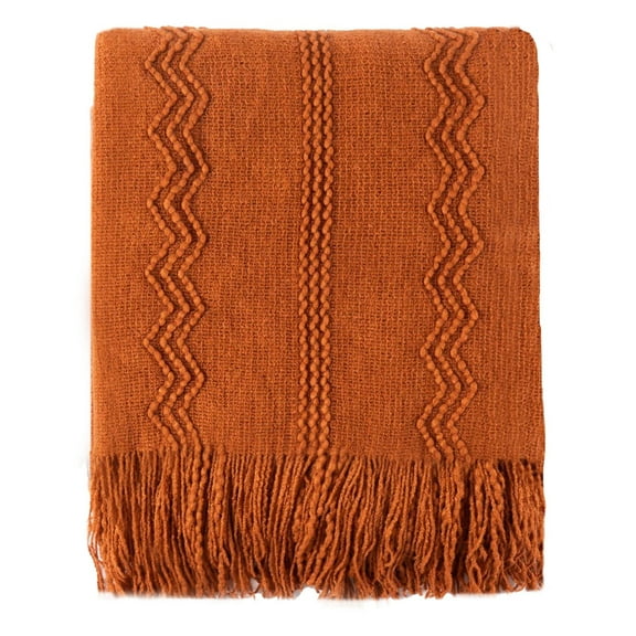 Elegant Caramel Throw Blanket for Bed, Rust Orange Decorative Fall Throw, 50X60 inches, Soft Acrylic Knit, Stylish Geometric Design, Brown