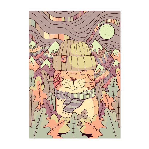 Cozy cat - Illustration Cat Whimsical Psychedelic Animal Winter Surrealism Unframed Wall Art Print 9 x 12 inches