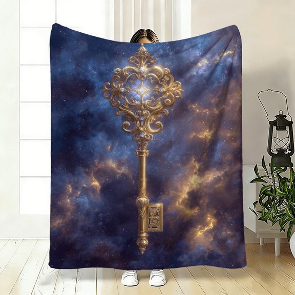 Cozy fleece blanket, galaxy nebula with key print, perfect for couch, bed, office, or travel, soft and warm for relaxing, reversible, all-season comfort.