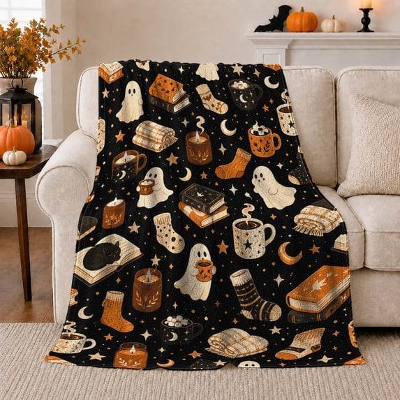 Cozy ghosts books mugs candles socks black Flannel Blanket for bedroom reading nook Halloween library Home Decor autumn night reading nook cocoa art Gift for readers
