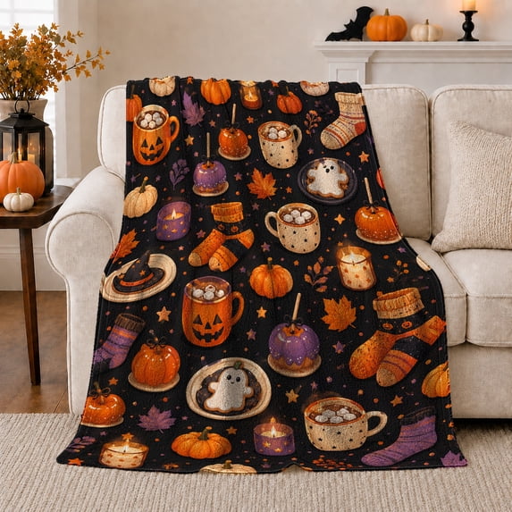 Cozy hot chocolate Mugs Socks And Autumn confection illustrations, Soft Flannel Blanket with Cozy Painterly Illustration Print, Housewarming Gift and Home Decor for Bedroom and Living Room