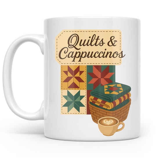 Cozy Quilt 11 oz Coffee Mug - Patchwork Folk Art Design White Ceramic Gift