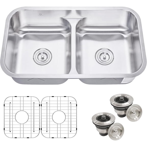 CozyBlock 32-Inch Undermount Kitchen Sink 16 Gauge Stainless Steel Low-Divide 50/50 Double Bowl Sink, Includes Protective Bottom Grids and 2 Basket Strainers