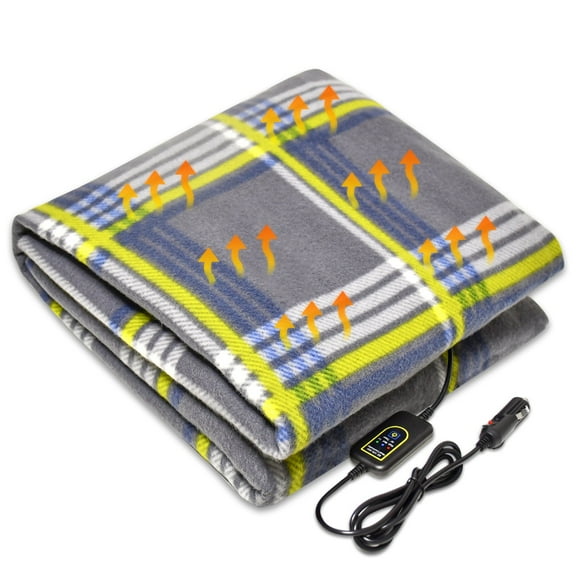CozyBox Electric 12V Heated Fleece Car Plaid Blanket With Controller For Timer & Heat Levels Travel Blanket