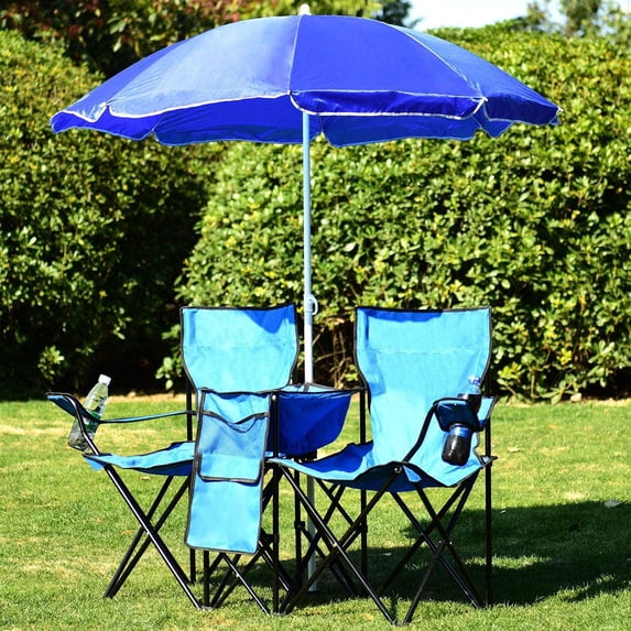 CozyBox Portable Double 2-Person Folding Picnic Chair W/Umbrella Table Ice Chest Drink Cooler Beach Camping Chair, Blue