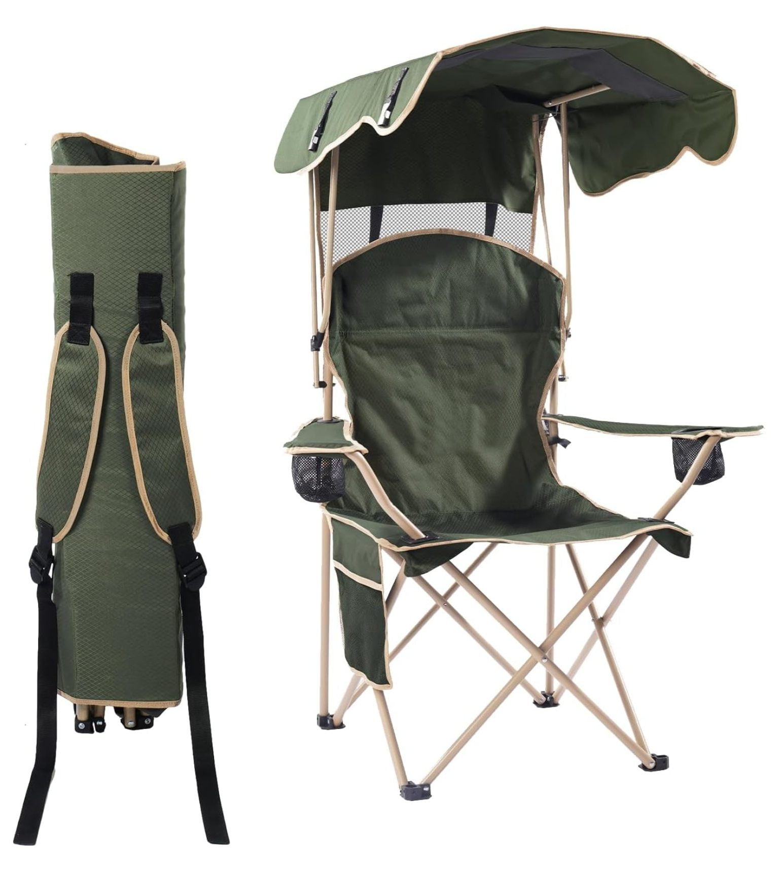 CozyBox Portable Folding Camping Chairs with Canopy Shade, Beach Chair for Adults, Durable Weather Resistant 600D Cloth, Camping Chair with Canopy for Outdoors [Olive Green] Upgraded -Olive Green