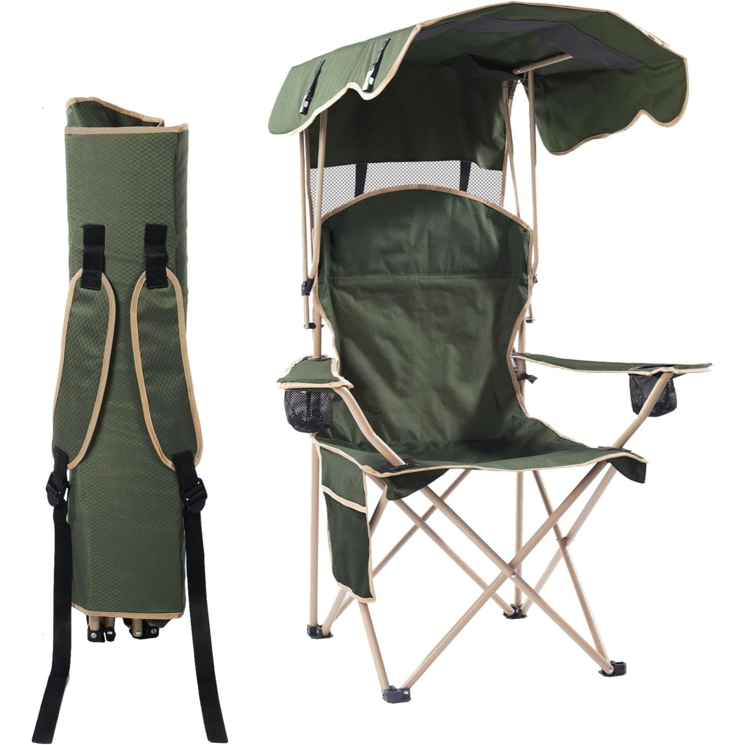 CozyBox Portable Folding Camping Chairs with Canopy Shade, Beach Chair for Adults, Durable Weather Resistant 600D Oxford Cloth, Camping Chair with Canopy for Outdoors [Olive Green]