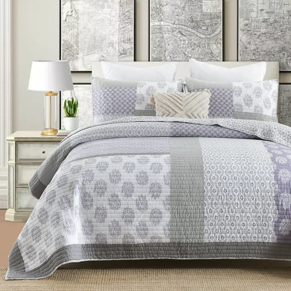 CozyDH 100% Cotton Patchwork King Quilt Set 3-Pieces, Farmhouse Reversible Lightweight Bedspread with 2 Pillow Cases, Purple