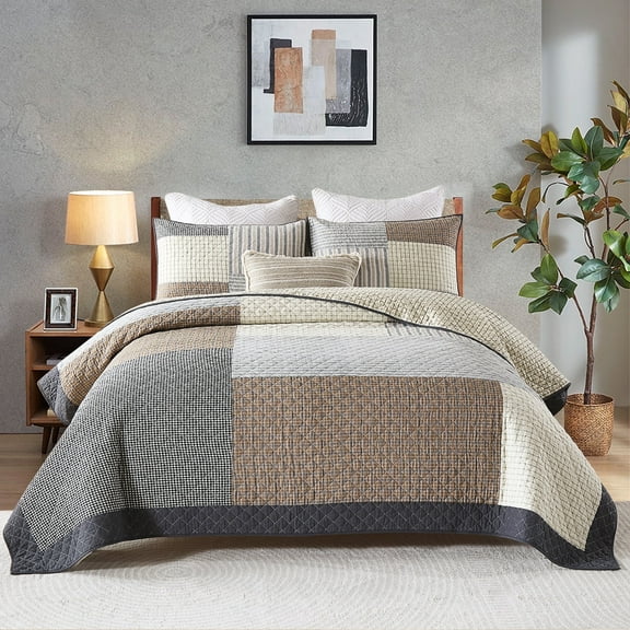 CozyDH 100% Cotton Patchwork Plaid Queen Quilt Set 3-Pieces, Farmhouse Reversible Lightweight Bedspread with 2 Shams, Brown Grey