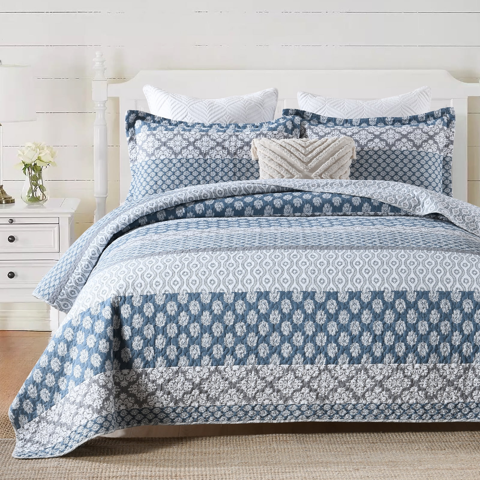 CozyDH 100% Cotton Printed Striped Floral King Quilt Set 3-Pieces, Farmhouse Reversible Lightweight Bedspread with 2 Shams, Blue