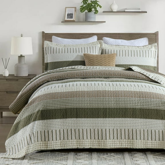 CozyDH 100% Cotton Printed Striped King Quilt Set 3-Pieces, Farmhouse Lightweight Bedspread Coverlet with 2 Shams, Moonbeam