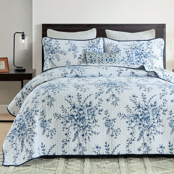 CozyDH 100% Cotton Quilt Queen Size, Lightweight Cottage Blue Floral Bedspread Coverlet Set, 3-Piece