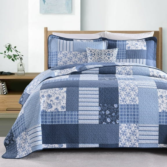 CozyDH Blue Plaid King Quilt Set, 100% Cotton Soft Lightweight 3-Piece Bedding Set, Classic Patchwork Bedspread Coverlet with 2 Shams