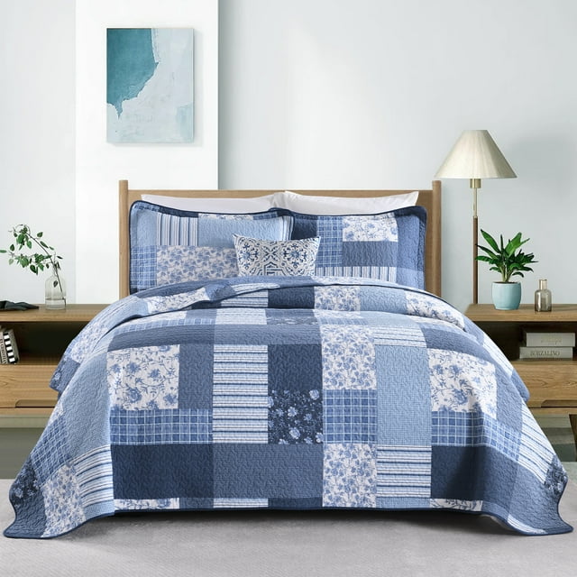 CozyDH Blue Plaid Quilts Queen Size, 100 Cotton Soft Lightweight 3