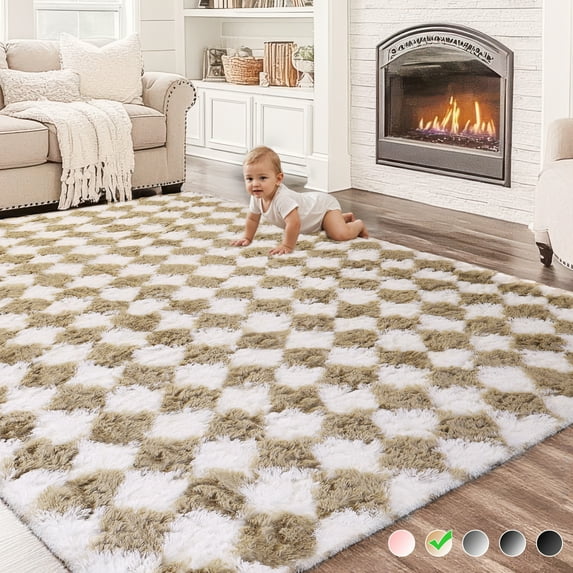 CozyDesg Large Rugs,4'x6' Soft Fluffy Shag Indoor Floor Carpet for Living Room Bedroom Dining Room Office Home Decor,Beige & White