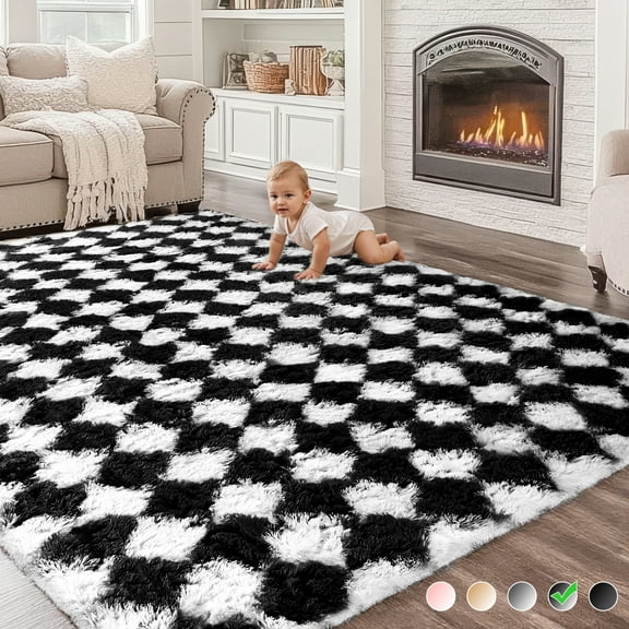 CozyDesg Large Rugs,4'x6' Soft Fluffy Shag Indoor Floor Carpet for Living Room Bedroom Dining Room Office Home Decor,Black & White
