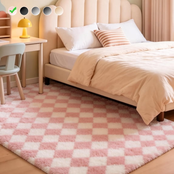 CozyDesg Large Rugs,4'x6' Soft Fluffy Shag Indoor Floor Carpet for Living Room Bedroom Dining Room Office Home Decor,Pink & White