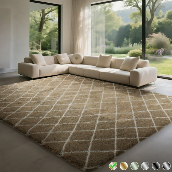 CozyDesg Shag Area Rugs,4'x6' Soft Fluffy Shaggy Carpet for Living Room,Large Rug for Bedroom Dining Room Home Decor Room Decor,Beige & White