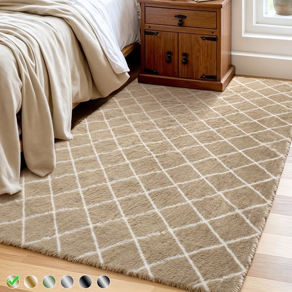 CozyDesg Shag Area Rugs,4'x6' Soft Fluffy Shaggy Carpet for Living Room,Large Rug for Bedroom Dining Room Home Decor Room Decor,Beige & White