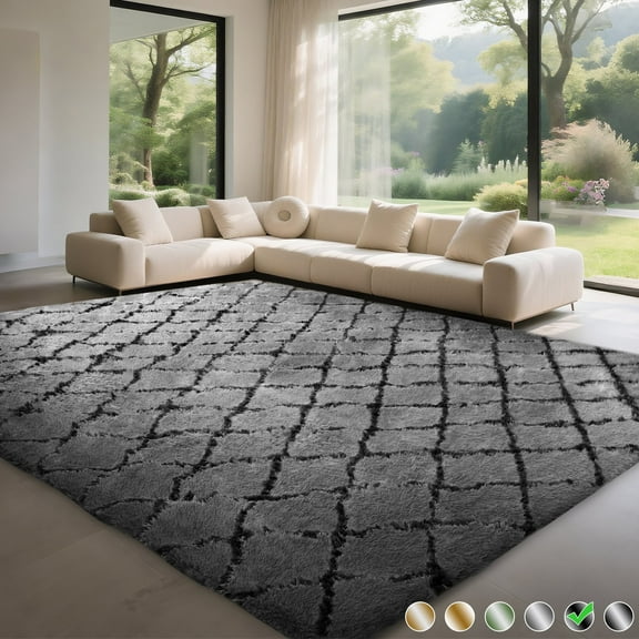 CozyDesg Shag Area Rugs,4'x6' Soft Fluffy Shaggy Carpet for Living Room,Large Rug for Bedroom Dining Room Home Decor Room Decor,Dark Gray & Black