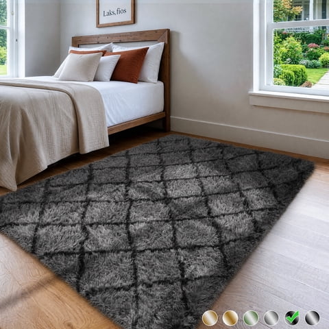 CozyDesg Shag Area Rugs,4'x6' Soft Fluffy Shaggy Carpet for Living Room,Large Rug for Bedroom Dining Room Home Decor Room Decor,Dark Gray & Black