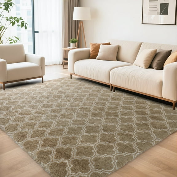 CozyDesg 4'x6' Area Rugs for Living Room，Black Rugs Shag Fluffy Shaggy Bedside Carpet, Large rug for Living Room Bedroom Dining Room Office Home Decor,Beige & White