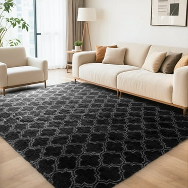 CozyDesg 4'x6' Area Rugs for Living Room，Black Rugs Shag Fluffy Shaggy Bedside Carpet, Large rug for Living Room Bedroom Dining Room Office Home Decor,Black & White