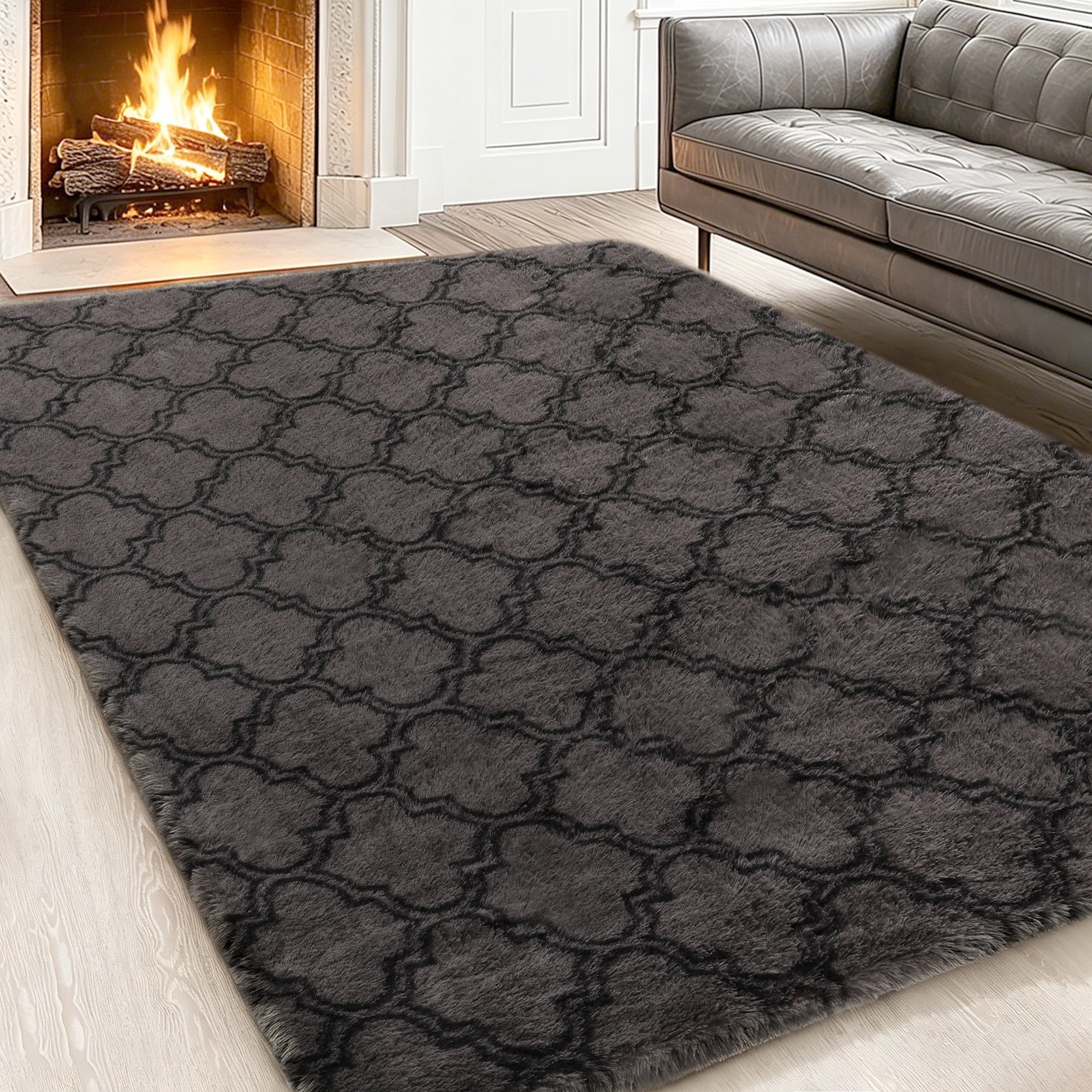 CozyDesg 4'x6' Area Rugs for Living Room，Black Rugs Shag Fluffy Shaggy Bedside Carpet, Large rug for Living Room Bedroom Dining Room Office Home Decor,Dark Gray & Black