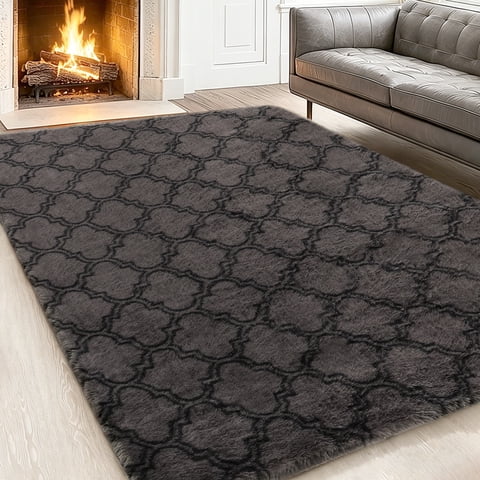 CozyDesg 4'x6' Area Rugs for Living Room,Black Rugs Shag Fluffy Shaggy Bedside Carpet, Large rug for Living Room Bedroom Dining Room Office Home Decor,Dark Gray & Black