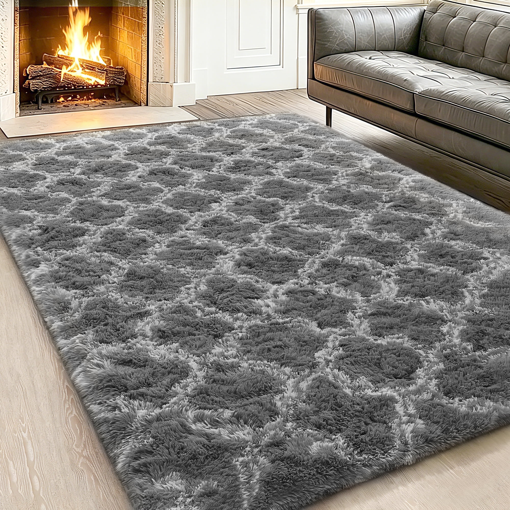 CozyDesg 4'x6' Area Rugs for Living Room，Black Rugs Shag Fluffy Shaggy Bedside Carpet, Large rug for Living Room Bedroom Dining Room Office Home Decor,Dark Gray & White