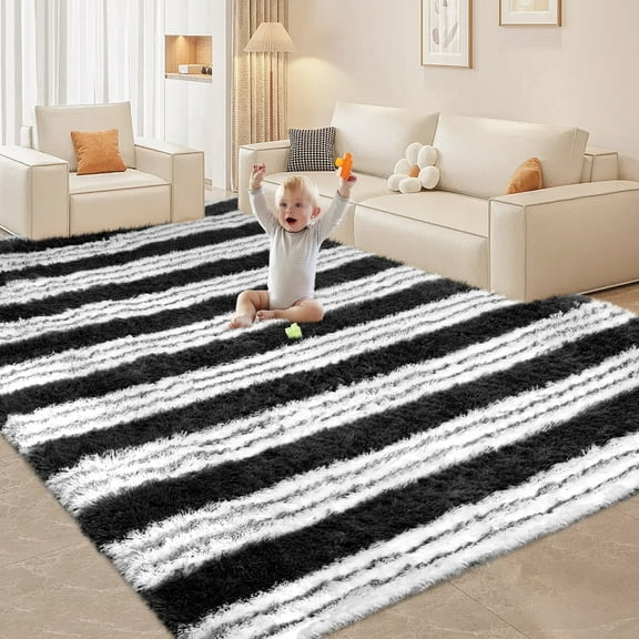 CozyDesg Soft Area Rugs for Living Room Bedroom,Large Rug Fluffy Fuzzy Shag Shaggy Soft Plush Carpet,Indoor Floor Carpet for Dining Room Home Decor,Black & White