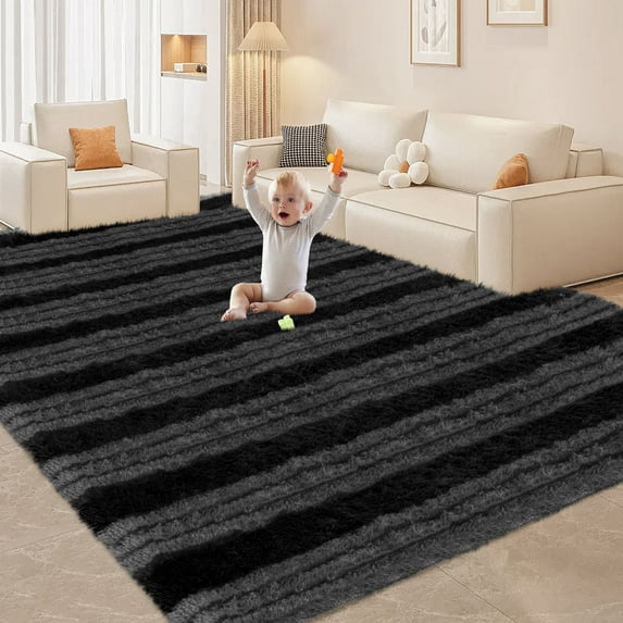 CozyDesg Soft Area Rugs for Living Room Bedroom,Large Rug Fluffy Fuzzy Shag Shaggy Soft Plush Carpet,Indoor Floor Carpet for Dining Room Home Decor,Dark Gray & Black