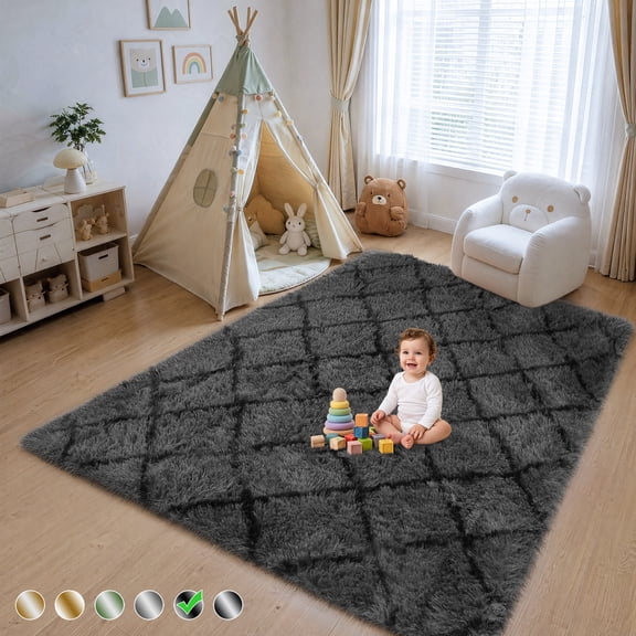 CozyDesg Shag Area Rugs,5'x7' Soft Fluffy Shaggy Carpet for Living Room,Large Rug for Bedroom Dining Room Home Decor Room Decor,Dark Gray & Black