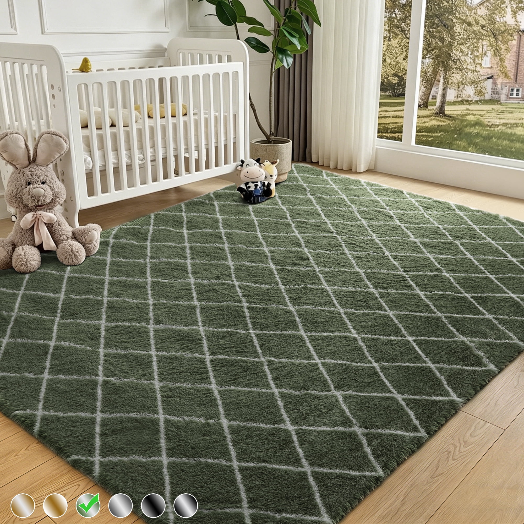 CozyDesg Shag Area Rugs,5'x7' Soft Fluffy Shaggy Carpet for Living Room,Large Rug for Bedroom Dining Room Home Decor Room Decor,Green & White