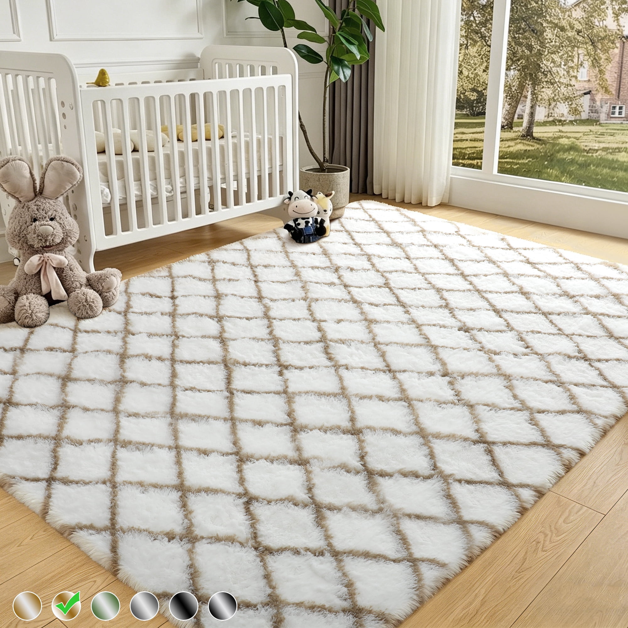 CozyDesg Shag Area Rugs,5'x7' Soft Fluffy Shaggy Carpet for Living Room,Large Rug for Bedroom Dining Room Home Decor Room Decor,White & Beige
