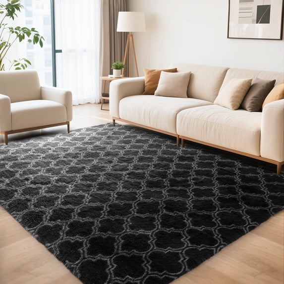 CozyDesg 5'x7' Area Rugs for Living Room,Black Rugs Shag Fluffy Shaggy Bedside Carpet, Large rug for Living Room Bedroom Dining Room Office Home Decor,Black & White