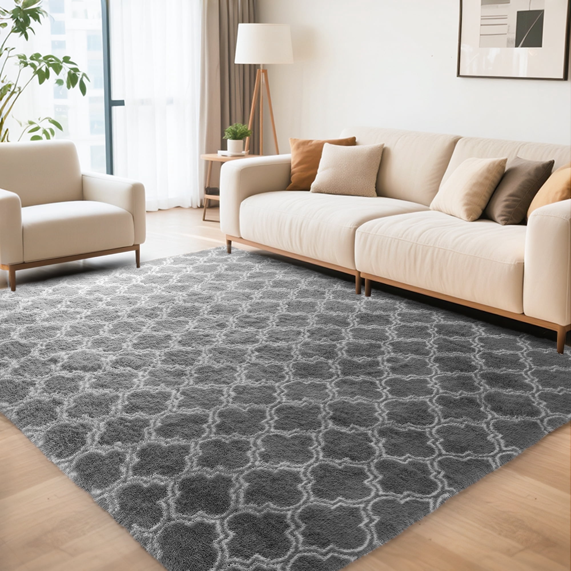 CozyDesg 5'x7' Area Rugs for Living Room，Black Rugs Shag Fluffy Shaggy Bedside Carpet, Large rug for Living Room Bedroom Dining Room Office Home Decor,Dark Gray & White