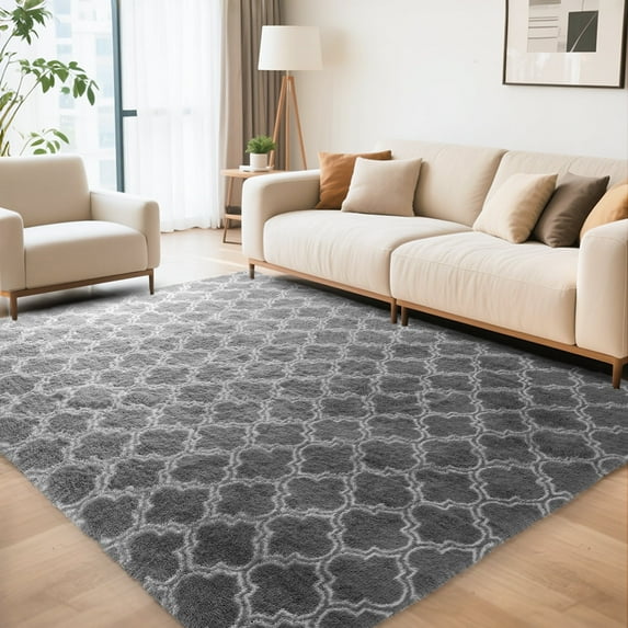 CozyDesg 5'x7' Area Rugs for Living Room,Black Rugs Shag Fluffy Shaggy Bedside Carpet, Large rug for Living Room Bedroom Dining Room Office Home Decor,Dark Gray & White