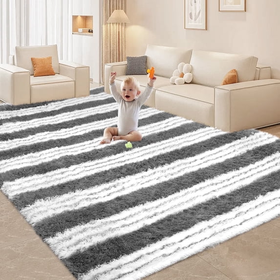 CozyDesg Soft Area Rugs for Living Room Bedroom,Large Rug Fluffy Fuzzy Shag Shaggy Soft Plush Carpet,Indoor Floor Carpet for Dining Room Home Decor,Light Gray & White