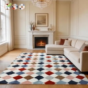 CozyDesg 5ftx7ft Area Rugs,Shag Fluffy Checkered Rugs for Living Room,Bedroom,Modern Room Decor Carpet, Non-Slip Floor Rug,Colorful B