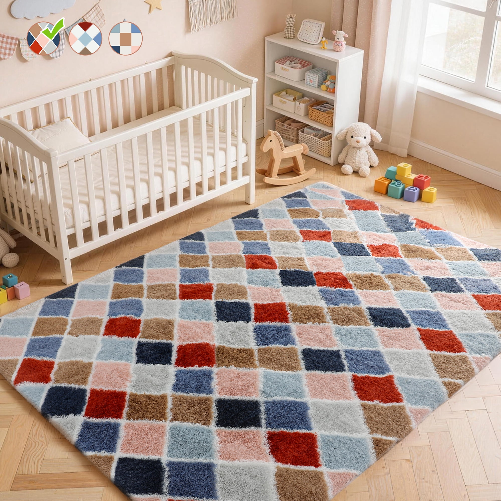 CozyDesg 5ftx7ft Area Rugs,Shag Fluffy Checkered Rugs for Living Room,Bedroom,Modern Room Decor Carpet, Non-Slip Floor Rug,Colorful A