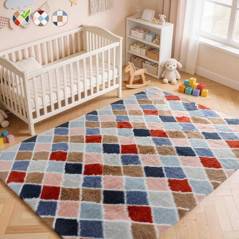CozyDesg 5ftx7ft Area Rugs,Shag Fluffy Checkered Rugs for Living Room,Bedroom,Modern Room Decor Carpet, Non-Slip Floor Rug,Colorful A