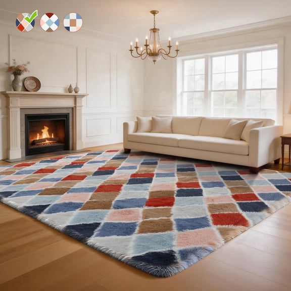 CozyDesg 6ftx9ft Area Rugs,Shag Fluffy Checkered Rugs for Living Room,Bedroom,Modern Room Decor Carpet, Non-Slip Floor Rug,Colorful A