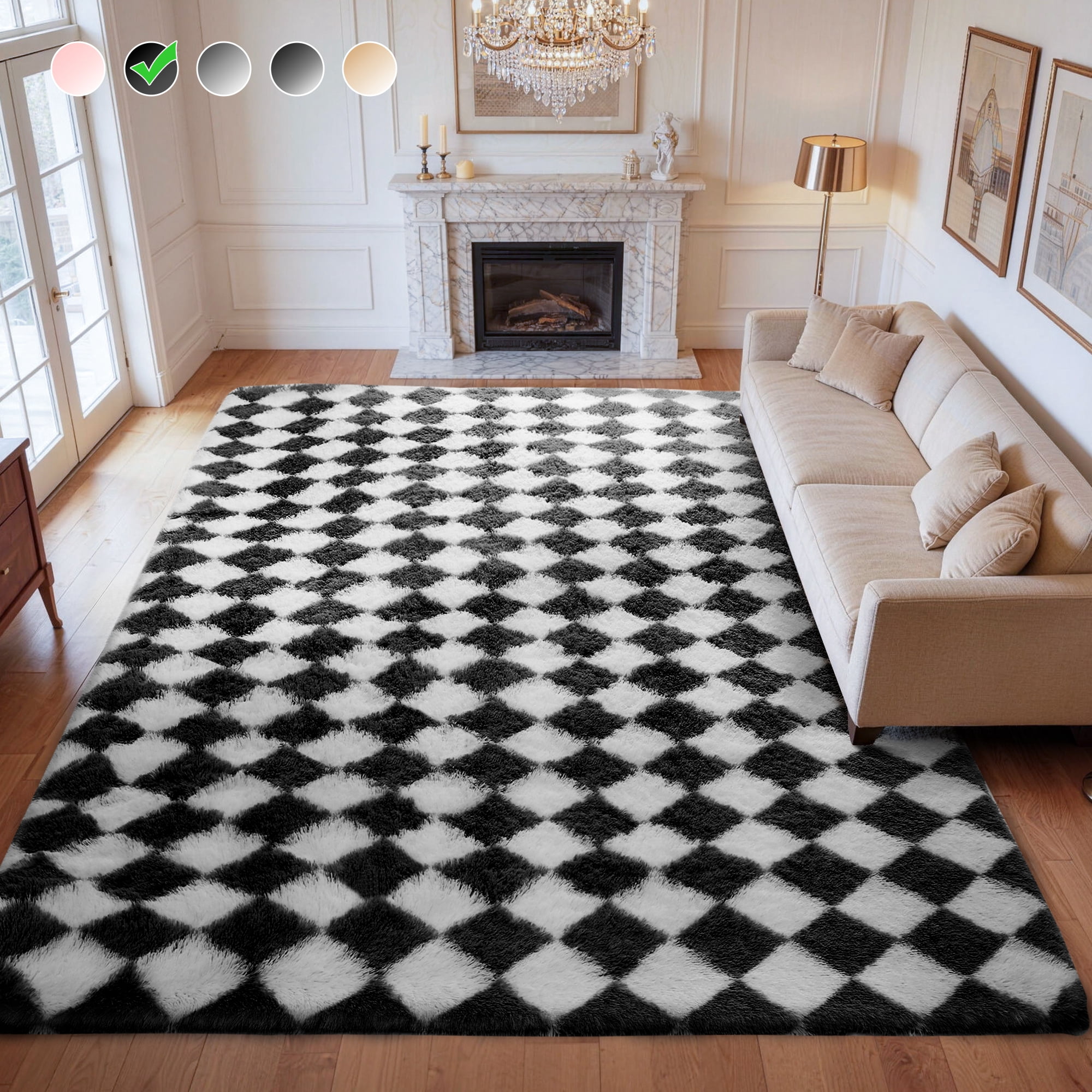 Cozydesg Large Rug, 8'x10', Black & White Fluffy Shag Indoor
