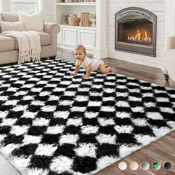 CozyDesg Large Rugs,8'x10' Soft Fluffy Shag Indoor Floor Carpet for Living Room Bedroom Dining Room Office Home Decor,Black & White
