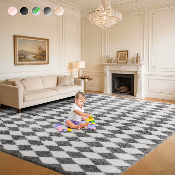 CozyDesg Large Rugs,8'x10' Soft Fluffy Shag Indoor Floor Carpet for Living Room Bedroom Dining Room Office Home Decor,Dark Gray & White
